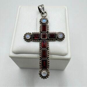 2.25" stamped Nicky Butler faceted garnet and moonstone 925 cross pendant!